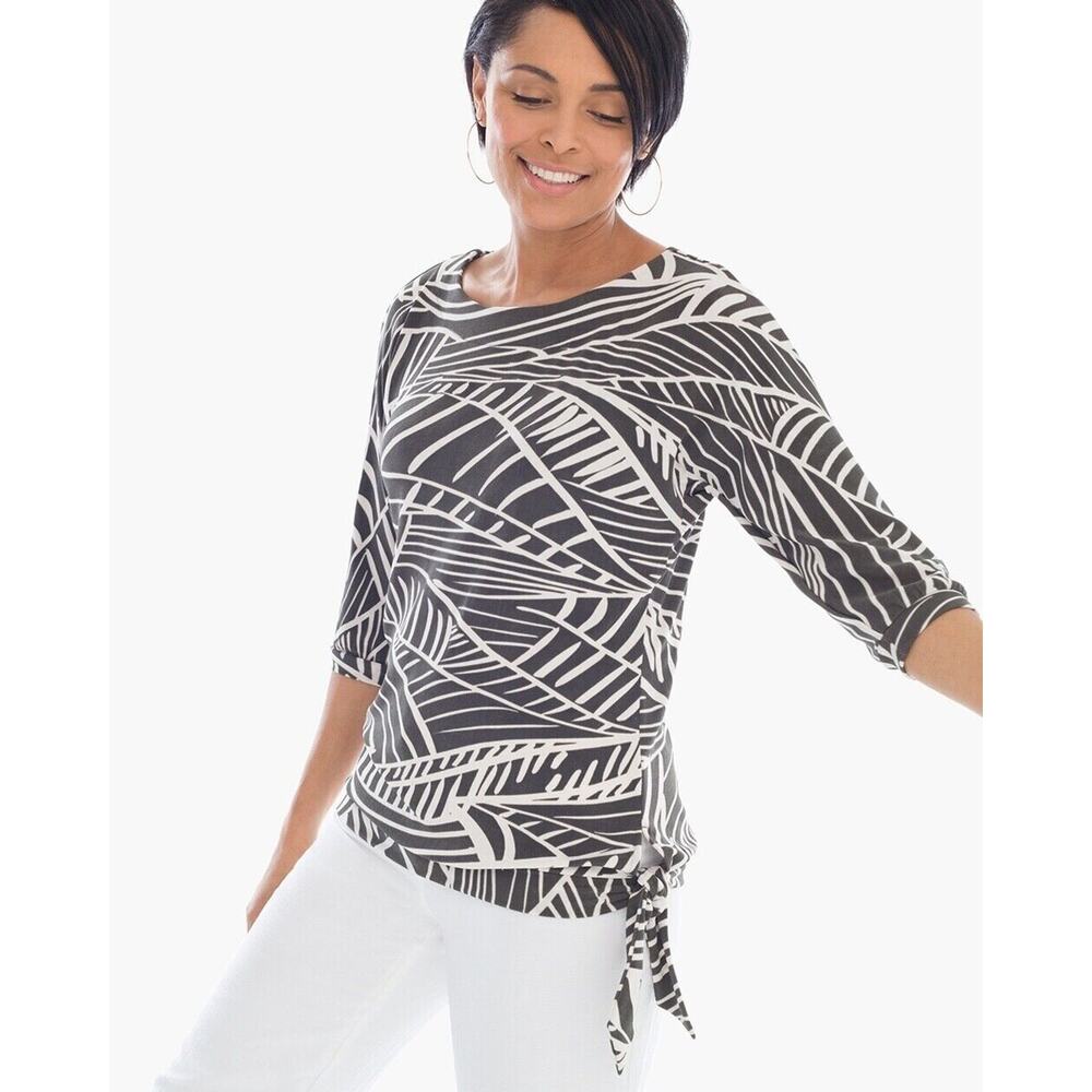 CHICOS TRAVELERS Top Blouse Womens 2 Greenish Gray White Unique Collar Side Tie